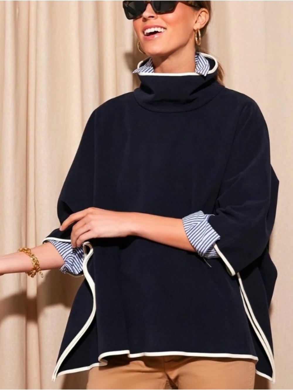 NWT Tuckernuck navy & white pullover mock/funnel neck poncho one size